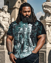 Plus Size Men's T-shirt With Viking Themed Print: Pagan Warrior On Horseback-with Prints On The Front And Back
